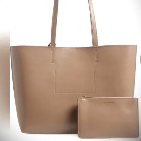 KURT GEIGER Chelsea Genuine Taupe Color Leather Shopper Bag with Pouch - Picture 1 of 10